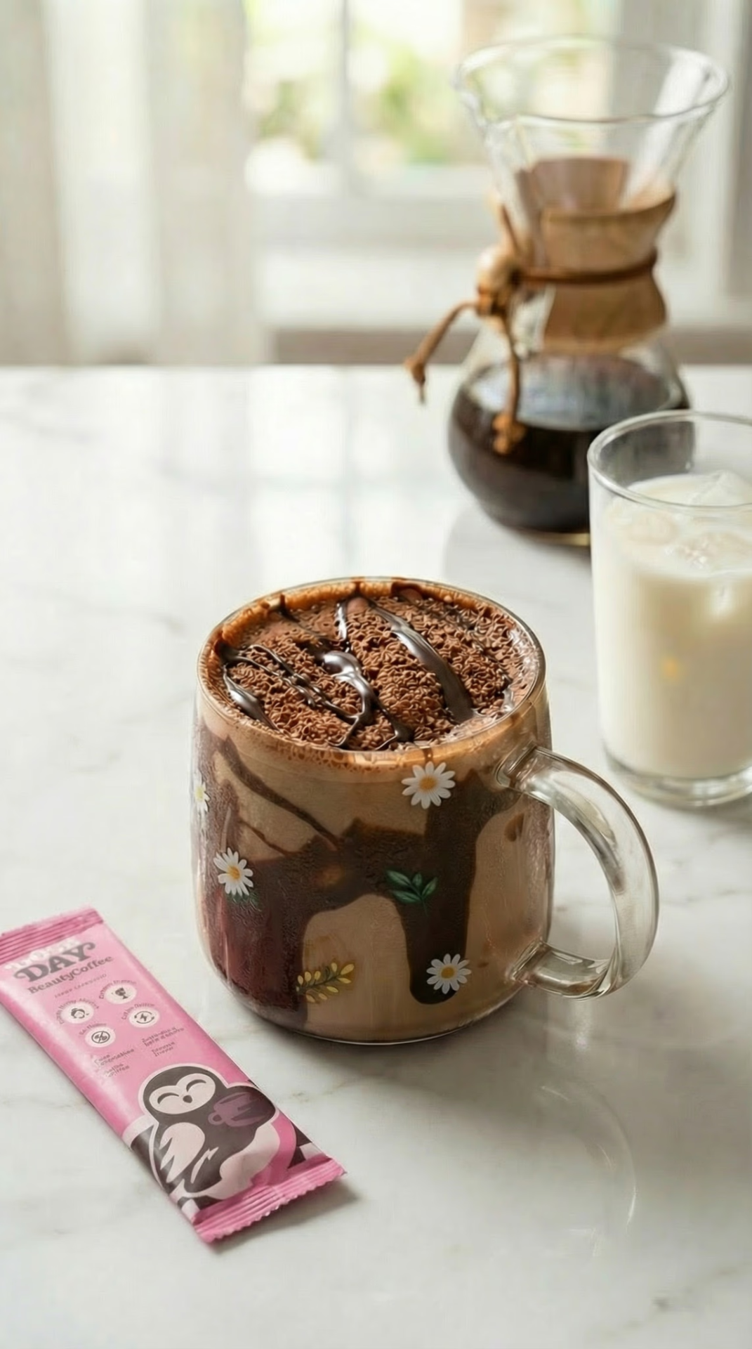 Caneca de cappuccino Doseday pronta para consumo sobre a bancada